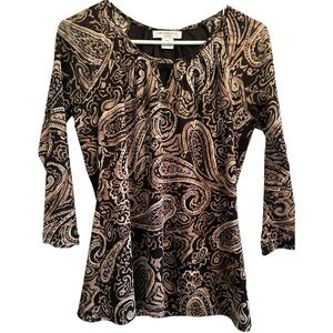 Liz Claiborne Blouse Womens Petite Medium Paisley Professional Lined Black Brown
